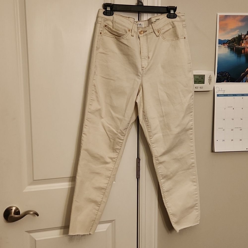 Nicole Miller Cream Off-White Soho High-Rise Skinny Ankle Jeans Raw Hem Size 12